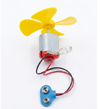 DIY Mini DC Motor Fan Kit with LED DIY mini DC motor fan kit with yellow propeller, LED and 9V battery connector